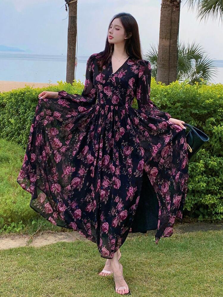 Women's Floral Print Long Sleeve Mid-Length Vacation Dress, Spring/Fall Boho