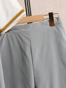 2pcs Teen Boy Casual Outfit: Shirt And Vest, Relaxed Fit Pants, Comfortable And Breathable, Gold Trim, Shirt With Pockets