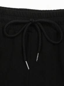 ROMWE MEN Men's Washed Drawstring Waist Pockets Loose Casual Shorts - Black - View 5