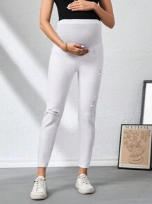 SHEIN 孕妇休闲纯色破洞修身牛仔裤