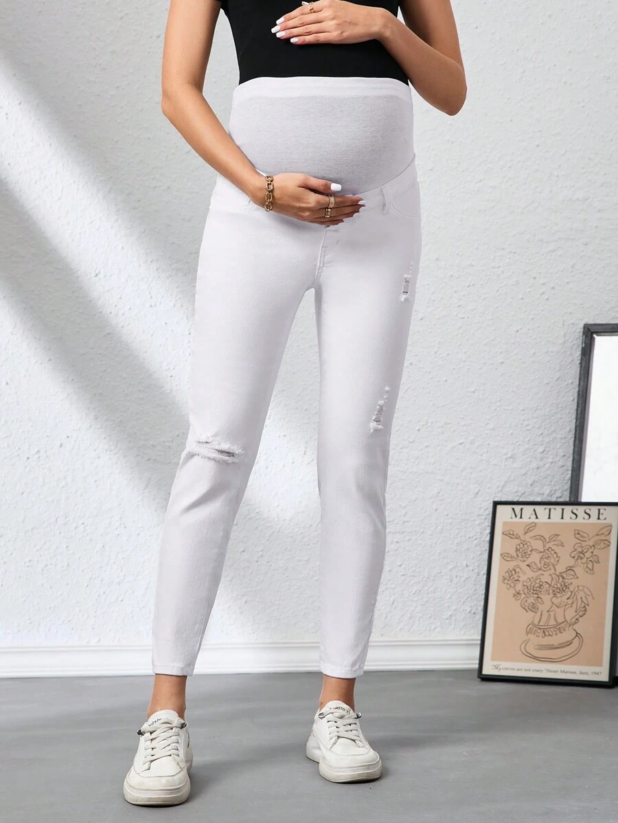 SHEIN 孕妇休闲纯色破洞修身牛仔裤