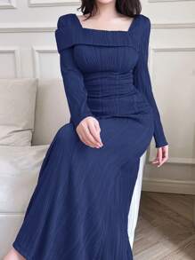 Feyla 女士方领长袖纯色简约修身阿拉伯连衣裙长款晚礼服 - 藏蓝色 - 查看 6