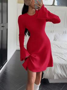 CovetEZ Women Short Solid Color Round Neck Long Sleeve Casual Dress