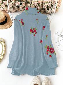 SHEIN LUNE Plus Size Women Floral Pattern Turtleneck Long Sleeve Knit Pullover, Autumn/Winter