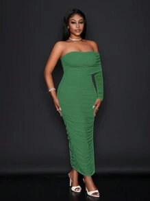 SHEIN Slayr Elegant Party & Date Open Shoulder Ruched Mesh Bodycon Dress For Women - EE - Green - View 3