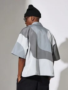 SUMWON 拼接漩涡图案拉链短袖衬衫现代都市街头服饰抽象图案轻便夏季春季休闲外套