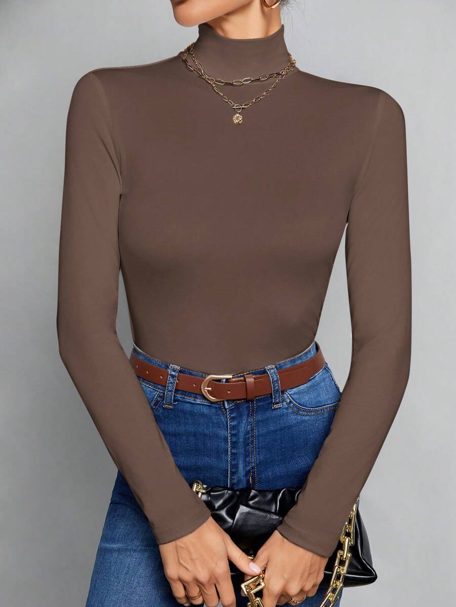 SHEIN Tall 简约纯色修身高领白色上衣适合秋冬季 - 巧克力棕 - 查看 1