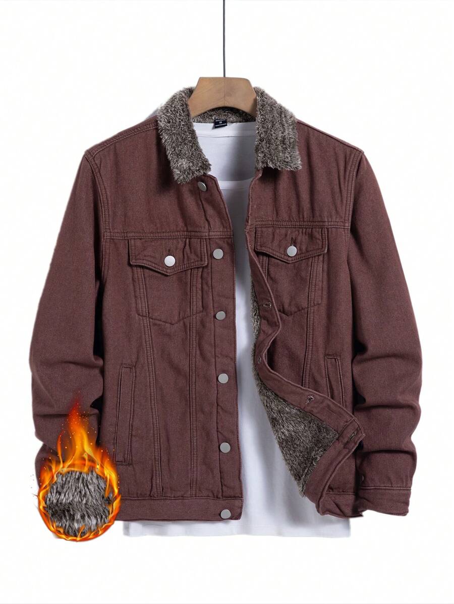 Manfinity Homme Men Button Front Long Sleeve Pocket Casual Denim Jacket, Fall - Rust Brown - View 1