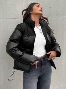 EURMUSE Women PU Leather Patchwork Metal Zipper Casual Fashionable Padded Coat - Black - View 7