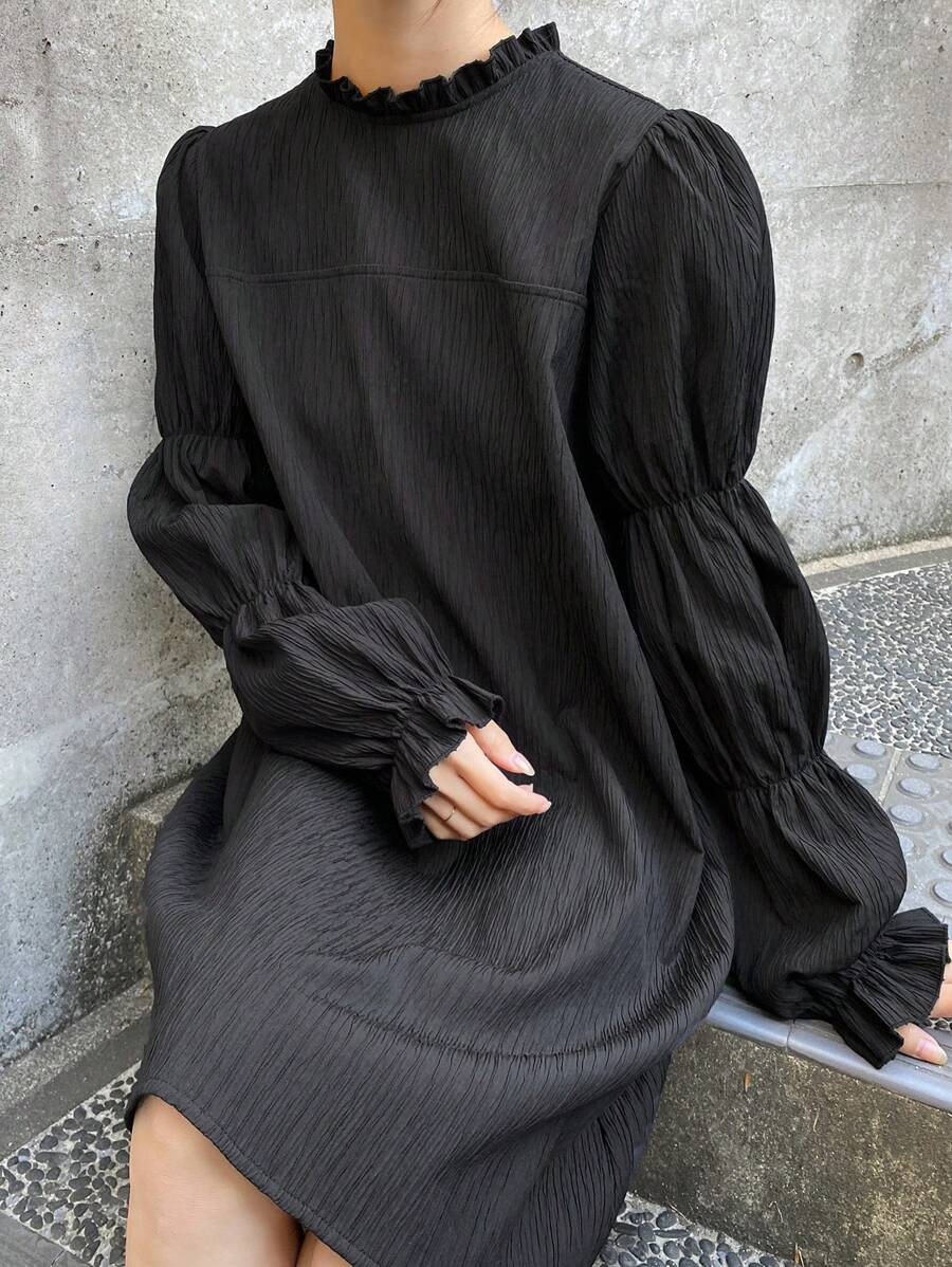 FRIFUL Women's Solid Color Midi Dress, Simple Casual Everyday Wear,Fall Clothes Long Sleeve Dress