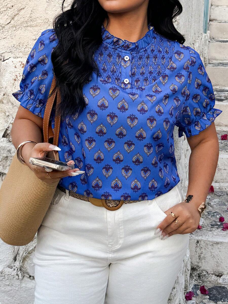 SHEIN Clasi 大码波西米亚风休闲复古印花衬衫，度假风格，适合夏季 - 藍色 - 查看 1
