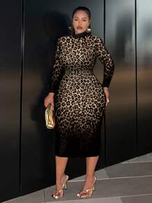 Slaydiva Women Plus Size Leopard Print Long Sleeve Round Neck Fitted Dress, Elegant Style For Spring And Autumn - Multicolor - View 2
