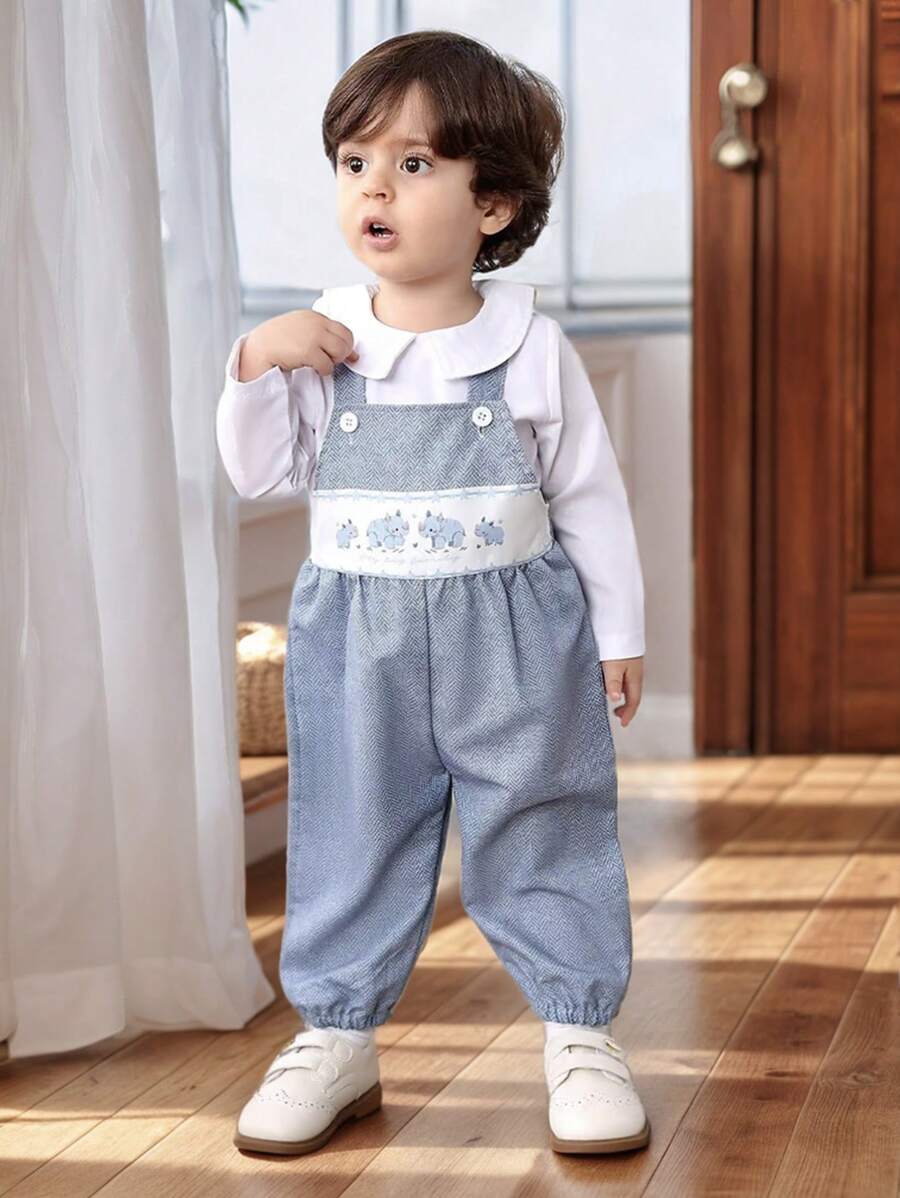 Souflis Souflis Baby Boy Rhinoceros Print Suspender Pants & White Shirt Gentleman Outfit,Cute Summer Matching Family Set For Daily Outings,Party & Photography Events - Multicolor - View 1