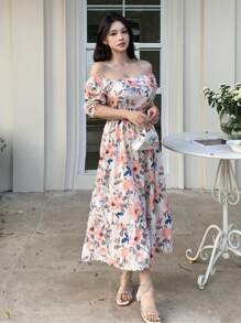 DAZY Đầm midi xếp ly thắt eo họa tiết hoa cho nữ, thích hợp mặc đi nghỉ mát, đi học, đi du lịch hoặc lễ Phục sinh. - Hồng - Xem 9