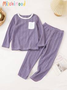 SHEIN 2 件套年轻女孩紫色纯色罗纹贴袋长袖上衣和裤子舒适睡衣 - 紫色 - 查看 1