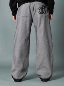 SUMWON Loose Fit Carpenter Panel Jean With Turn Back, Contrast Stitch & Graphic Print - Black - View 6