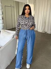 SHEIN Slayr Set de 2 piezas de top de manga larga y pantalones en parchwork con estampado de leopardo azul