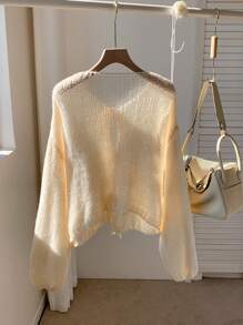 SHEIN EZwear Cardigan décontracté à manches longues avec nœud devant pour femmes, automne/hiver - Jaune citron - Voir 2