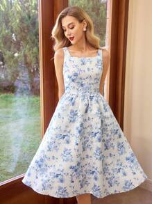 Vintamour Damen Vintage Retro elegantes ärmelloses Blumenkleid für den Frühling, Party-Outfit für Feiertage wie Ostern - Blau-Weiß - Übersicht 3