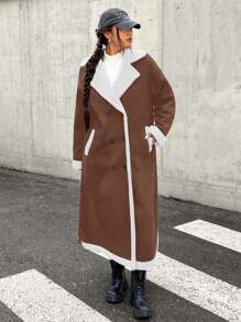 SHEIN EZwear Plus Size Heavy-Weight Colorblock Faux Shearling Leather Coat, Autumn/Winter - Brown - View 3