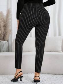 SHEIN LUNE 大码女式修身条纹弹力紧身裤，百搭办公服装和休闲长裤 - 彩色 - 查看 2