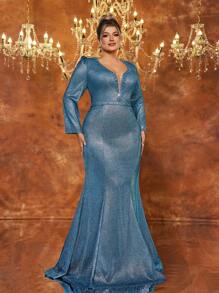 Glamrae Váy dạ hội trang trọng tối giản thanh lịch vải kim loại màu xám-xanh cỡ lớn đính cườm thủ công - Màu xanh lam - Xem 1