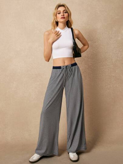 Poéselle 女士休闲简约时尚条纹裤，适合日常穿着，时尚日常穿着，适合日常、街头、通勤、约会、轻松别致的必备品