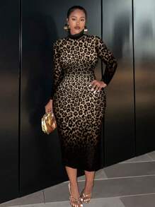 Slaydiva Women Plus Size Leopard Print Long Sleeve Round Neck Fitted Dress, Elegant Style For Spring And Autumn - Multicolor - View 1