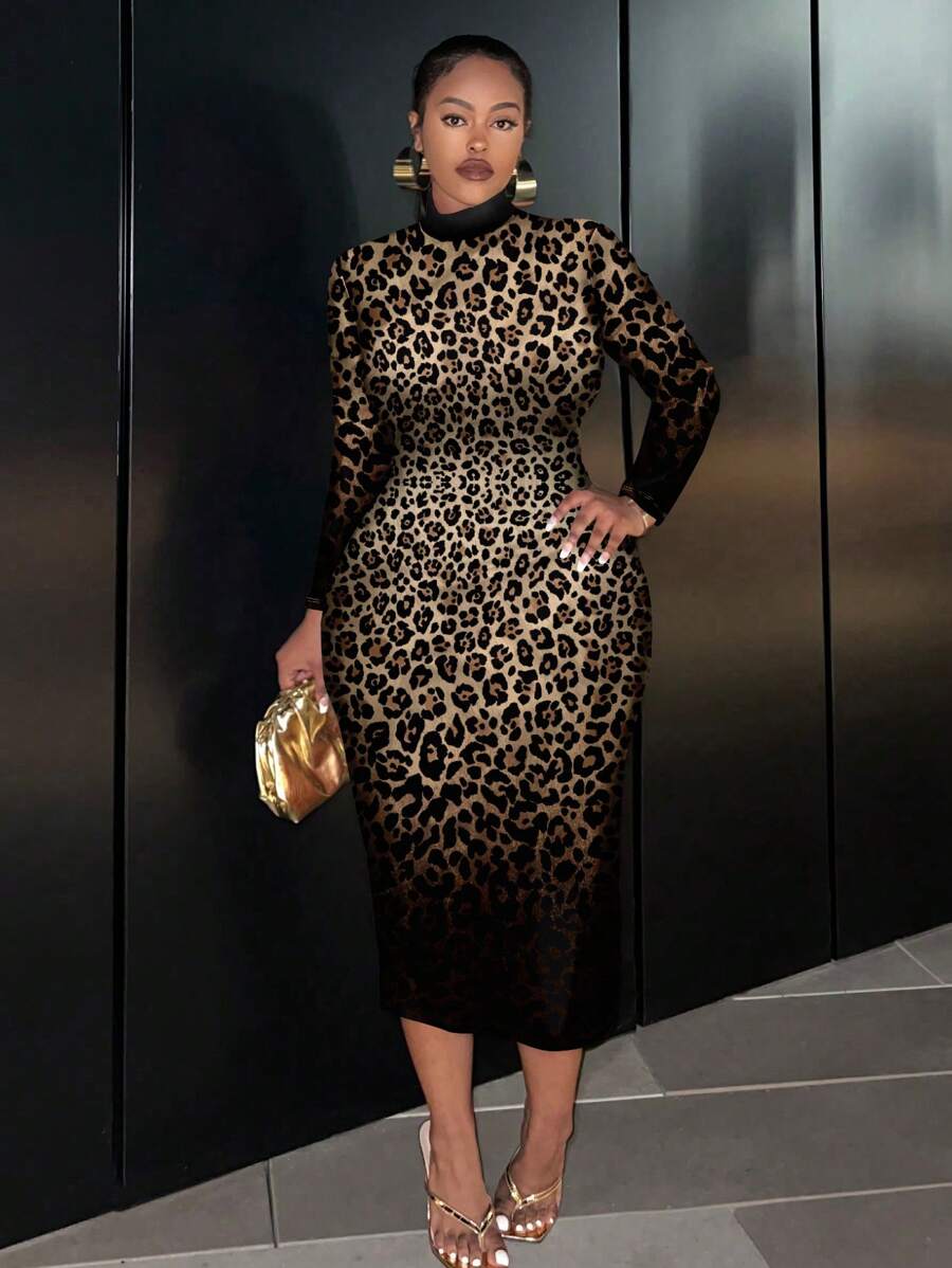 Slaydiva Women Plus Size Leopard Print Long Sleeve Round Neck Fitted Dress, Elegant Style For Spring And Autumn - Multicolor - View 1