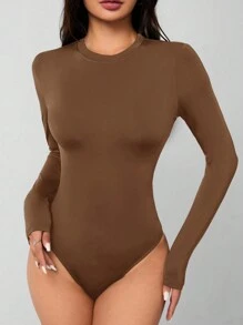SHEIN PETITE Solid Knit Stretch Fitted Black Bodysuit - Coffee Brown - View 3