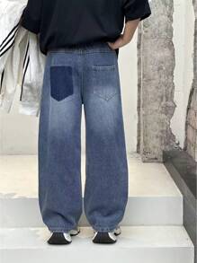 男童口袋简约破洞阔腿裤，休闲日常穿着 - 中等水洗藍 - 查看 2