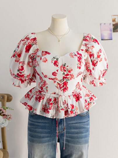 Soleia 大码女式波西米亚风方领泡泡袖荷叶边下摆衬衫上衣，春季，夏季