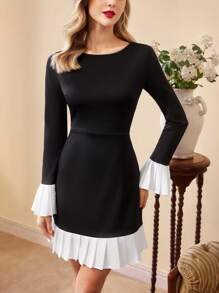 Vintamour Retro Elegant Ladies' Colour Block Pleated Flare Sleeve Short Dress, Autumn/Winter - Black and White - View 7