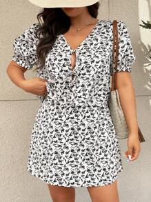 SHEIN Frenchy 2pcs/Set Plus Size Front Tie Short Sleeve Allover Print Simple Blouse And Mini Skirt Outfit