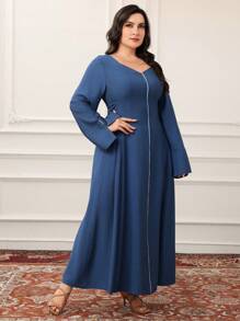 Al Najma Plus Size Women Casual Crossed Binding Waist Arabic Style Dress, Plus Size Modest Full Length Dresses