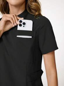 TaskEZ Stand Collar Slim Fit Simple /Nursing Scrub Uniform Set Scrub Set Nurse Dresses Scrub Tops Scrub Bottoms Lab Coats - Black - View 7