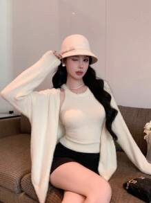 DAZY 2pcs Set: Solid Color Bodycon Tank Top And Loose Cardigan For Women,Fall Clothes Women Sweater - Beige - View 1