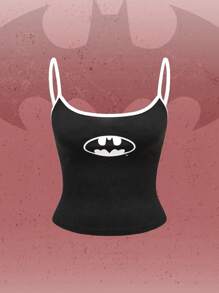 Batman X ROMWE Top corto de tirantes con estampado de logo, estilo urbano