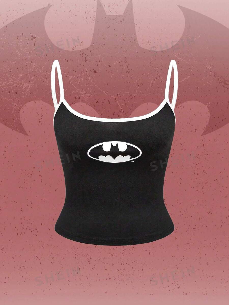 Batman X ROMWE Top corto de tirantes con estampado de logo, estilo urbano