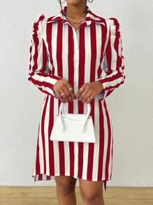 EMERY ROSE Casual Color Block Striped Bishop Sleeve Shirt Dress, Autumn