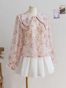 Soleia Women's Plus Size Rose Print Sheer Layered Frill Trim Long Sleeve Blouse, Suitable For Vacation, Autumn/Winter, Valentine's Day