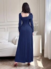 Feyla 女士方领长袖纯色简约修身阿拉伯连衣裙长款晚礼服 - 藏蓝色 - 查看 2