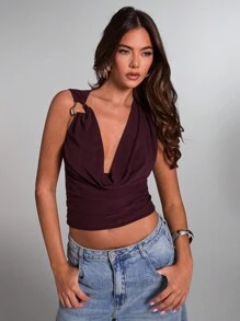 SHEIN BAE 女士纯色勃艮第色约会、女友聚会、生日派对、鸡尾酒会、情人节、夜总会、节日派对性感网眼针织金属点缀低胸吊带背心 - 酒紅色 - 查看 3