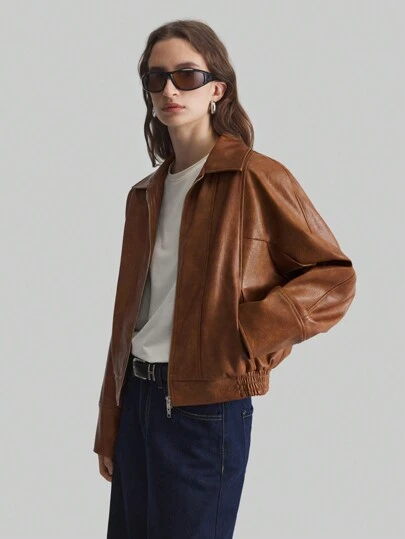 Ontre Chaqueta con cremallera de manga corta para mujer de primavera, de color marrón chocolate, cuello de solapa de piel sintética suave y banda elástica, cuello de camisa, ropa de exterior casual, color caramelo marrón