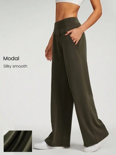 GLOWMODE Modal Silk Touch Wide Leg High Waist Lounge Pants With Side Pockets Daily Casual Fall Fall Winter
