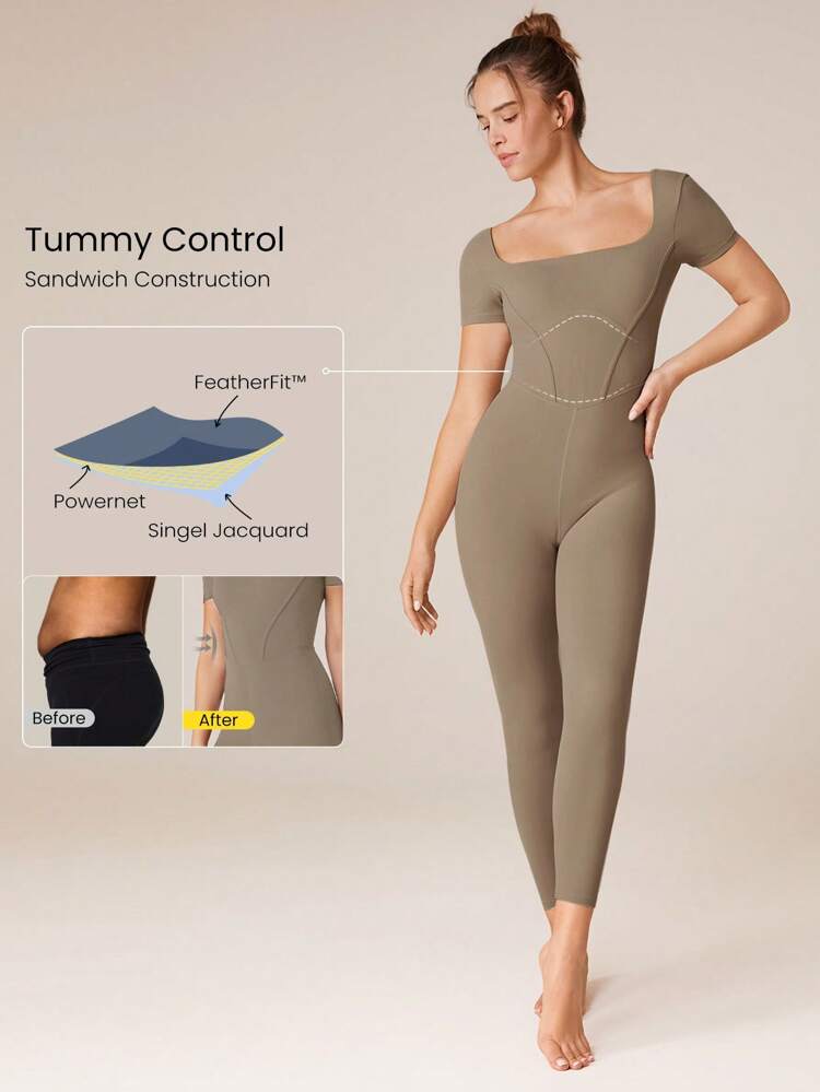 24" FeatherFit™ Tummy Control U-Back Square Neck Jumpsuit Low Impact Yoga Pilates Daily Removable Cups
