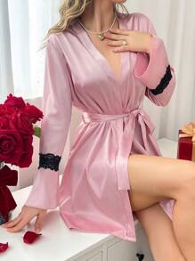 Elegant Pink Satin Belted Robe With Contrast Lace Flare Sleeves And V Neckline Thigh Length Lingerie - Pink - View 1