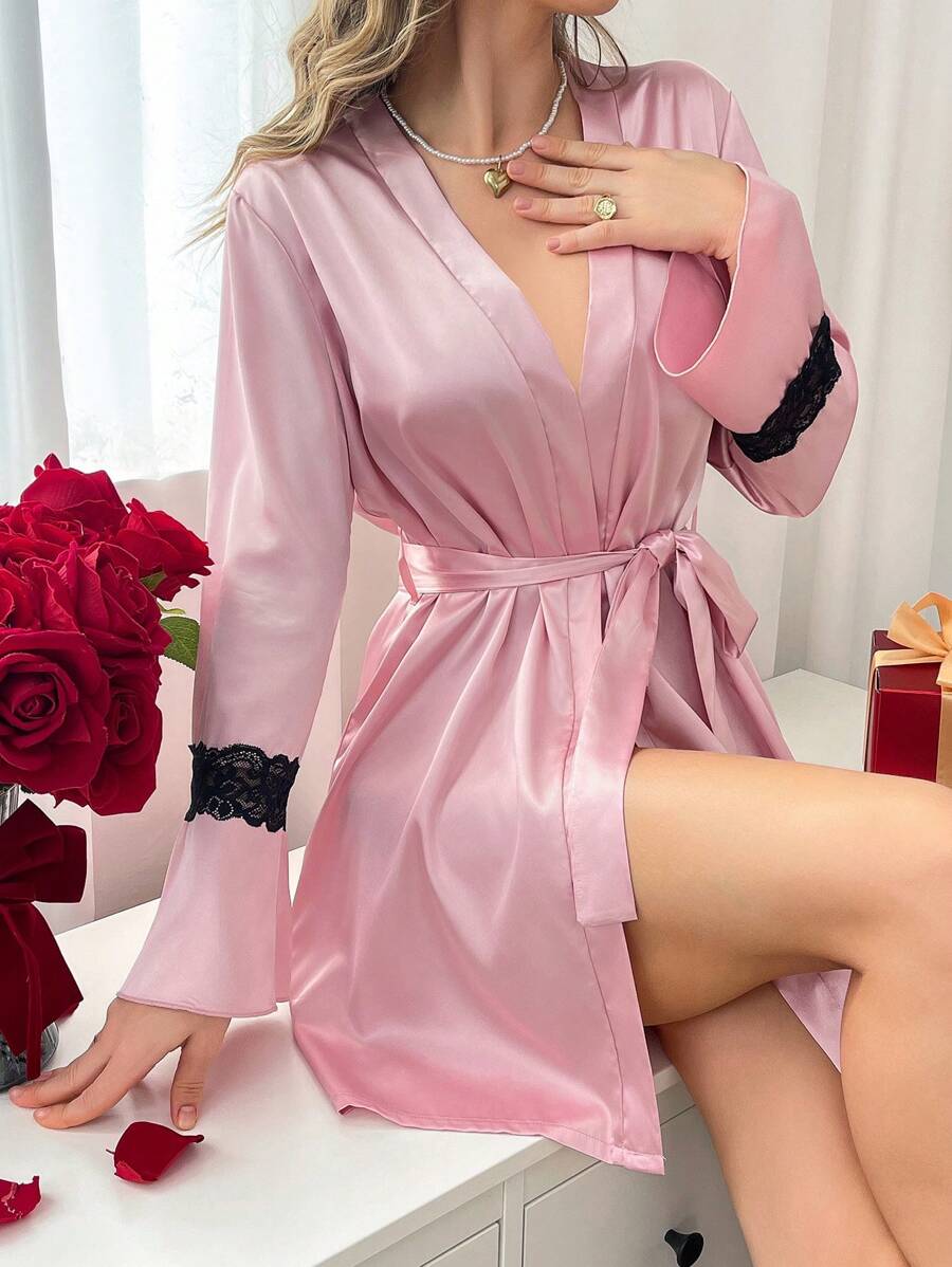 Elegant Pink Satin Belted Robe With Contrast Lace Flare Sleeves And V Neckline Thigh Length Lingerie - Pink - View 1