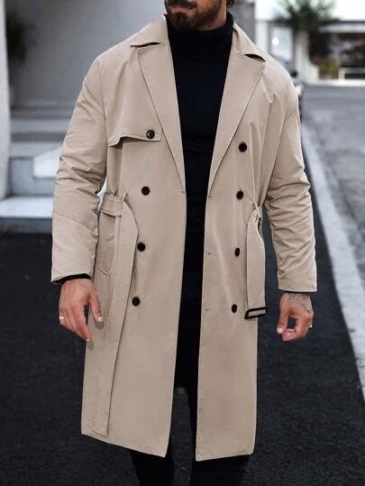 Manfinity Homme Men's Button Front Long Sleeve Pocket Simple Casual Trench Coat, Going Out Flannel Trench Coat, For Friends, Husband, Boyfriend Gifts, For Fall