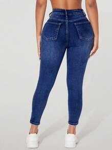 SHEIN PETITE Women's Front Button Pocket Simple Casual Denim Jeans, Daily Wear - Dark Wash - View 2